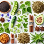 DALL·E 2024-12-13 03.30.26 - A collage of natural ingredients used in diabetes cleaner supplements, including bitter gourd, gymnema sylvestre leaves, fenugreek seeds, holy basil l